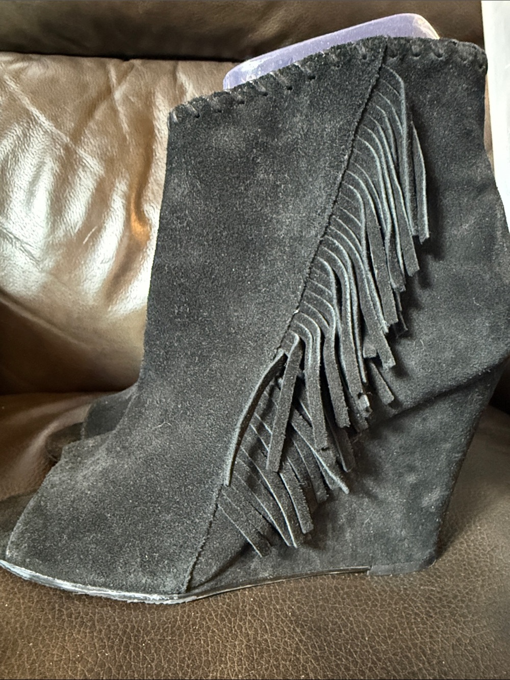 Vince Camuto Black Suede Fringe Wedge Booties